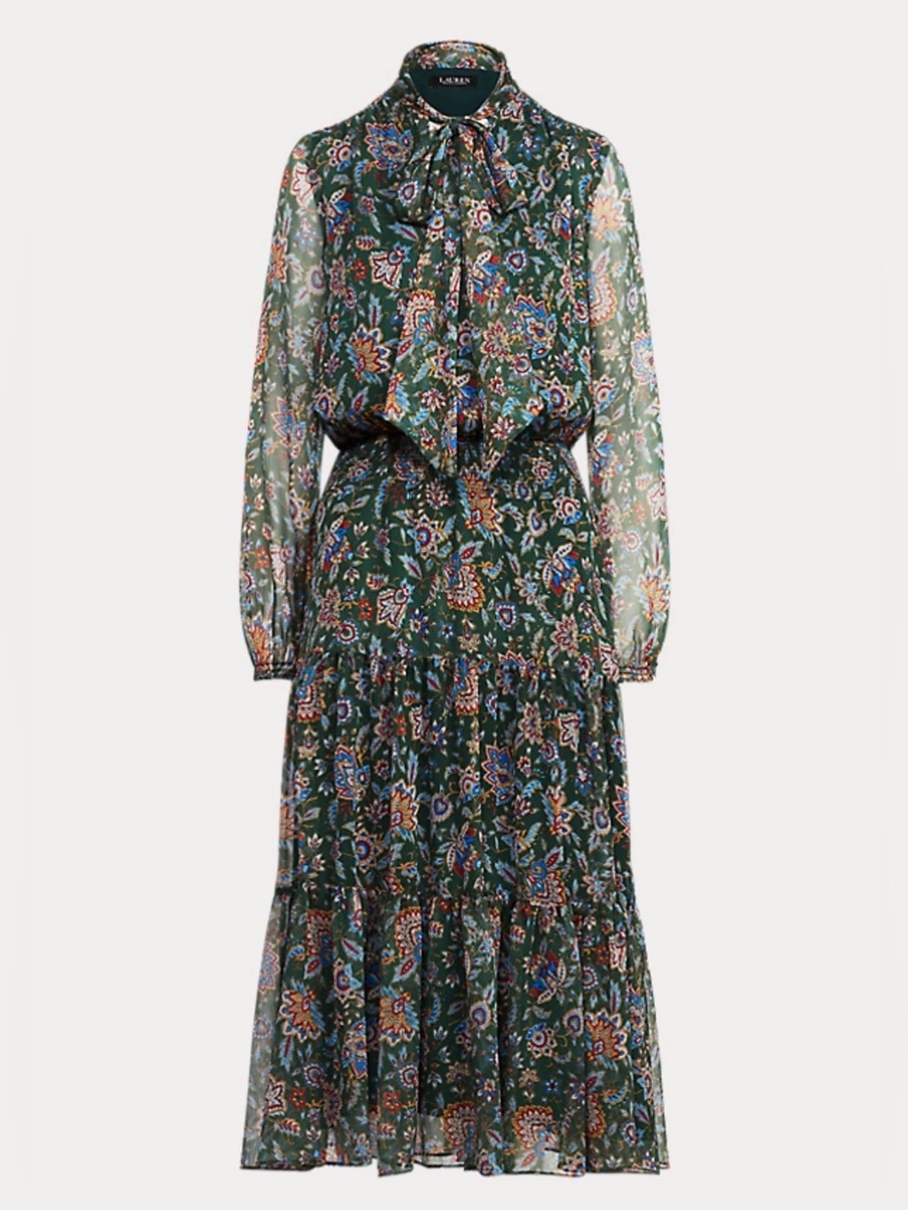 LAUREN RALPH LAUREN Ascot Print Georgette  Green Lined Boho Dress Women’s Sz 18